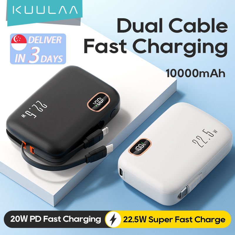 KUULAA 10000mAh Power Bank Mini PowerBank Portable Charger PD Fast Charging Built in Two Cables Type C L Compatible for iPhone 15 14 13 12 Huawei Xiaomi Samsung