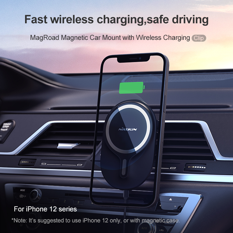 MagRoad Magnetic Car Mount With Wireless Charging - Clip Version - For iPhone 13 Pro Max 12 Series One Hand Operation Fast Charge, Safe Driving Quality Handsfree GPS 7.5W 360 rotation adjustable angle